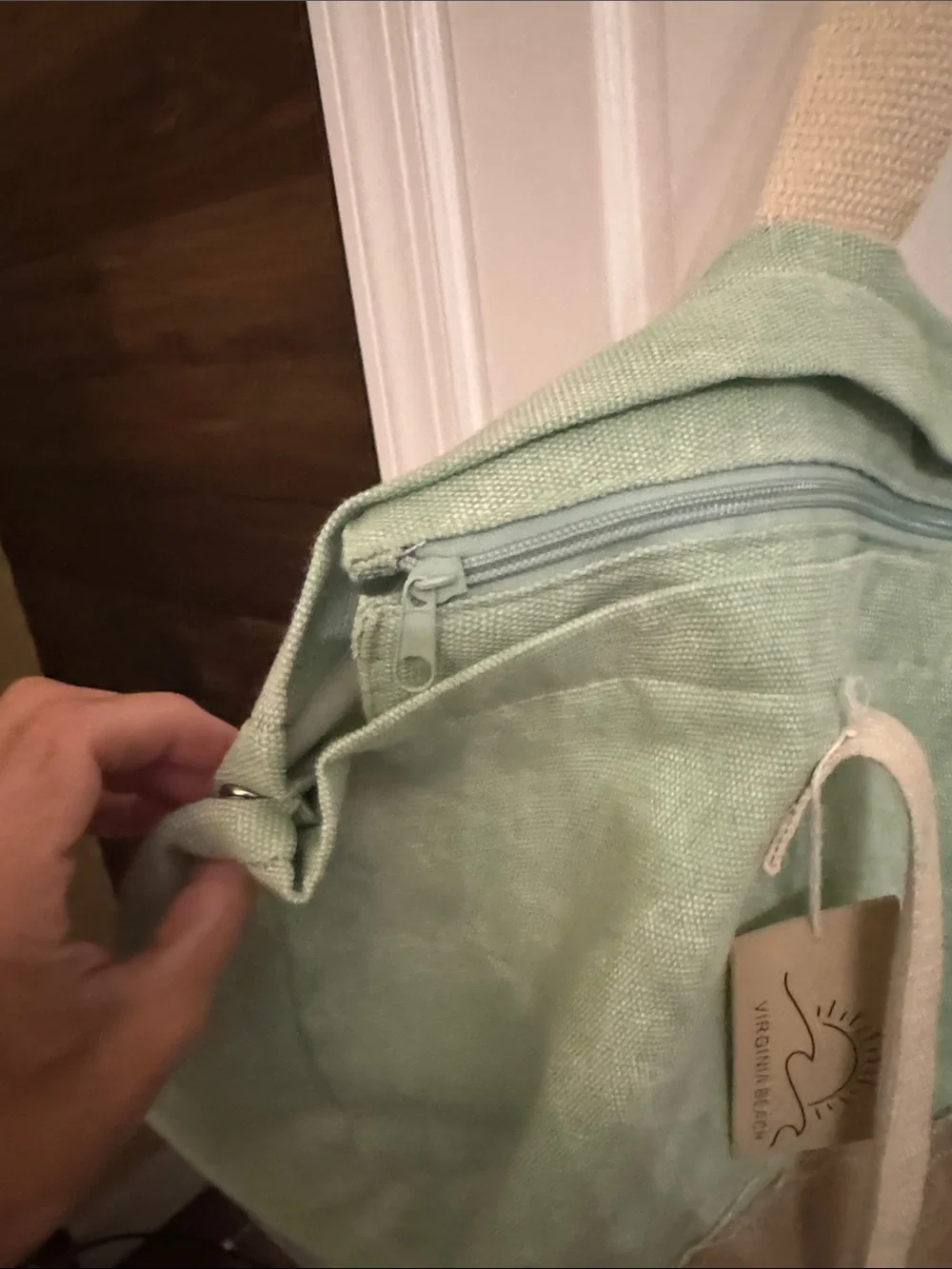 Large Canvas Whale-Tail Tote Bag in Sage and Tan.